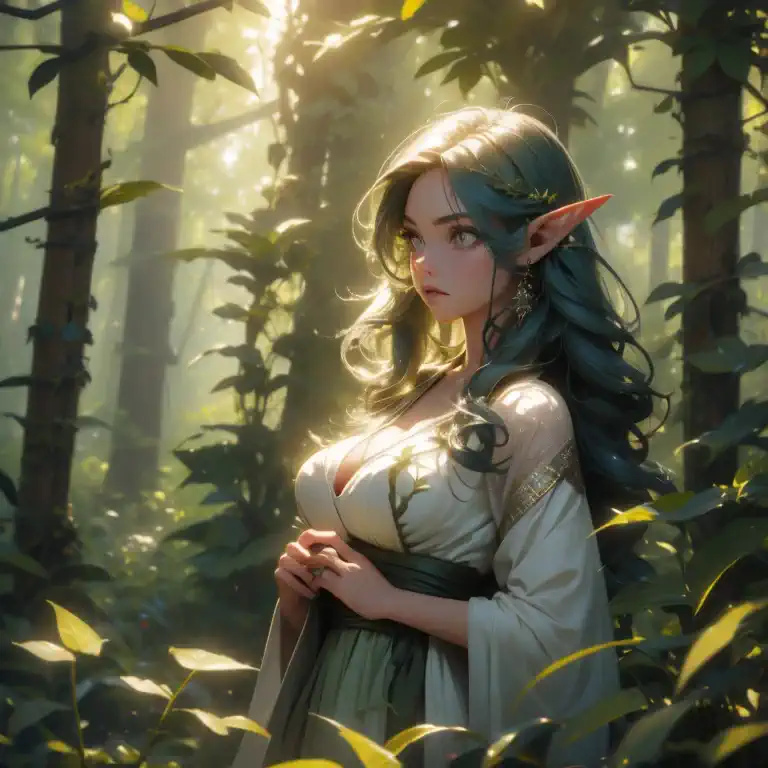 (forest elf:1.1),(female:1.1),colorful tangled hair,olive skin,cautiously stalking the viewer,peeking from around trees,peeking ...