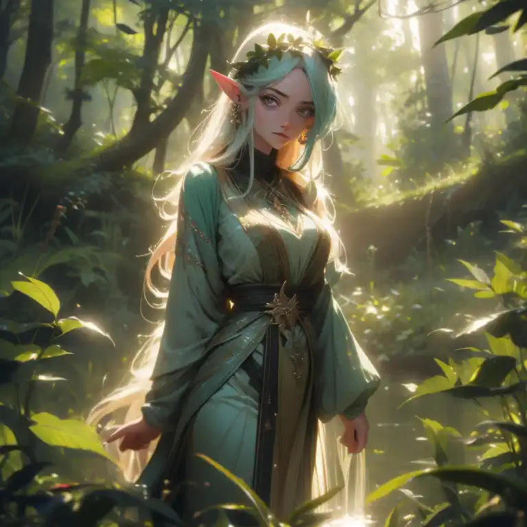 (forest elf:1.1),(female:1.1),colorful tangled hair,olive skin,cautiously stalking the viewer,peeking from around trees,peeking ...