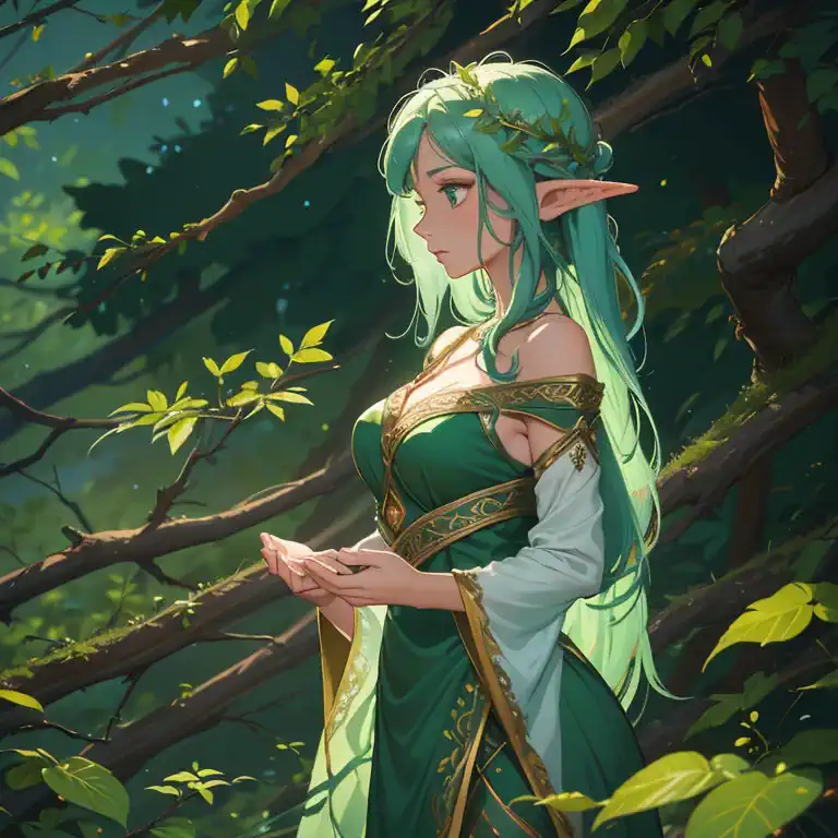 (best quality,highres), a forest elf (female, colorful tangled hair, olive skin) is (gently,calmly) stalking the viewer, peeking...