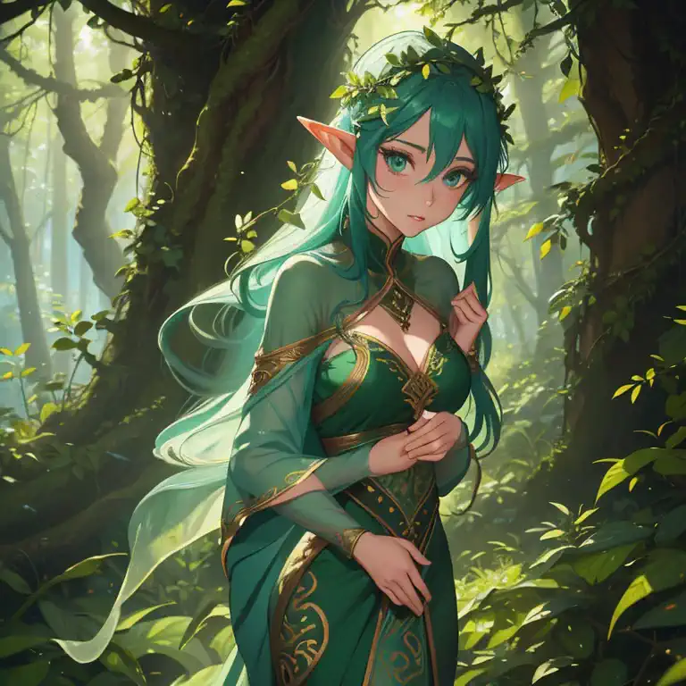 (best quality,highres), a forest elf (female, colorful tangled hair, olive skin) is (gently,calmly) stalking the viewer, peeking...