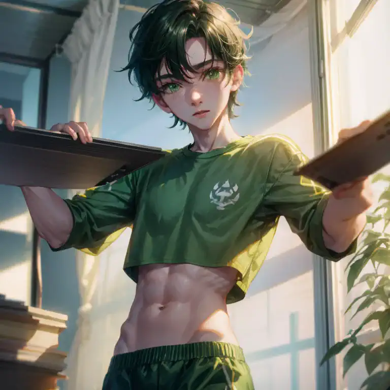 a gamer boy 13 - 14 years wear green crop top, he's wear green crop top, 12 - 11 year, he's playing playstation 5, he's room in ...