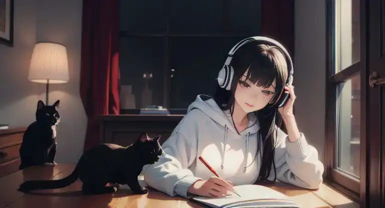 black hair　long hair　an adult woman is studying in her room, large room　listening to music through headphones, looks very comfor...