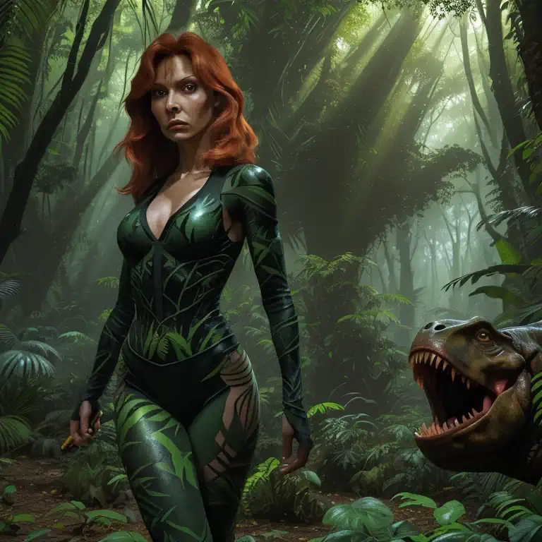 (general)a girl in a dinosaur-infested jungle, gates mcfadden(age 25) is a scantily clad dinosaur hunter, fiercely holding high-...