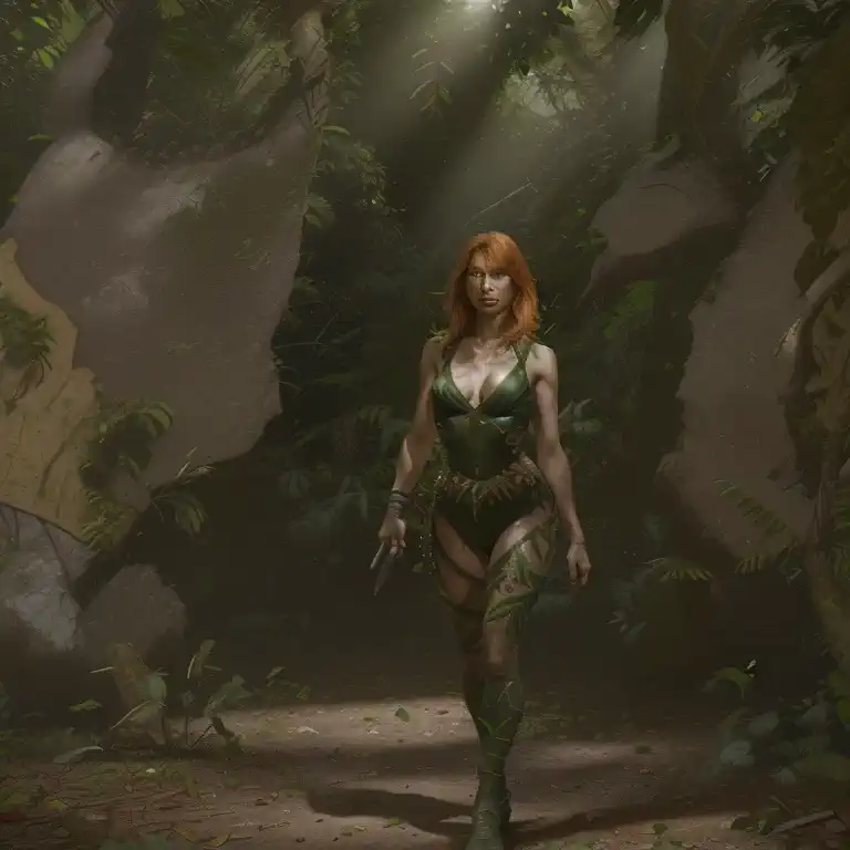 (general)a girl in a dinosaur-infested jungle, gates mcfadden(age 25) is a scantily clad dinosaur hunter, fiercely holding high-...