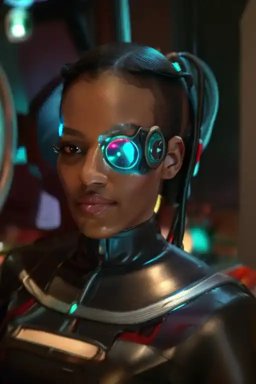 black woman wearing blue sttldunf uniform,veins,borg,eyepatch,cable,luma,rosalina,detailed face,detailed eyes,detailed lips,meta...