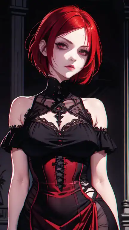 1girl, red hair, short hair, red eyes, gothic dress