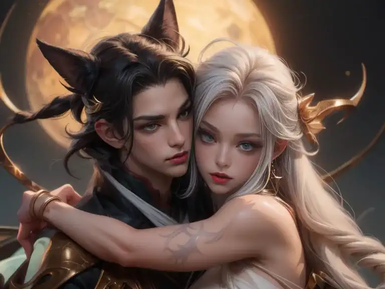 image of a man and woman couple kissing under the pink moon, ren renfa digital painting, tumblr, fantasy art, xianxia fantasy, f...