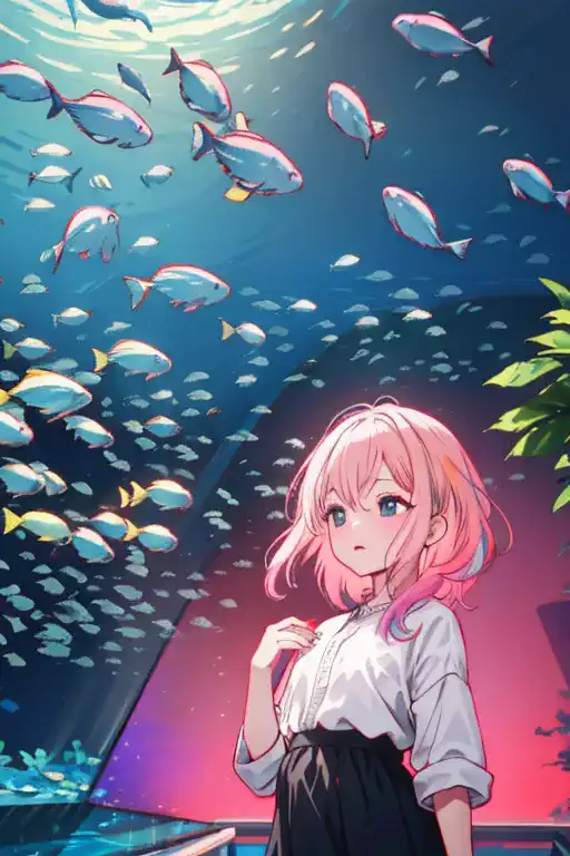 jellyfish、光るjellyfish、aquarium、tropical fish、colorfulな魚、girl、in the water、spreading hair、aquarium、light pink transparent hair co...