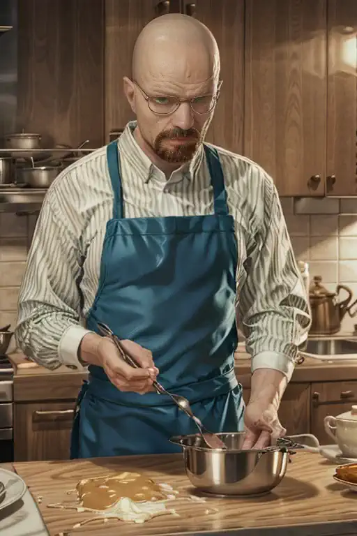 walter white stirring a bowl of pancake batter, on the kitchen counter , 3d render,24fps, realistic, highly detailed, hyper deta...