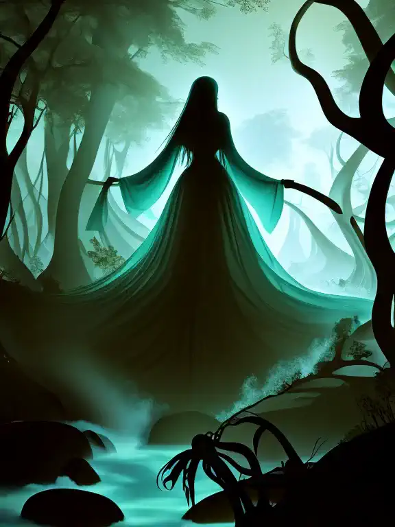 ghostly woman dressed in scary white floating on a river in a forest at night