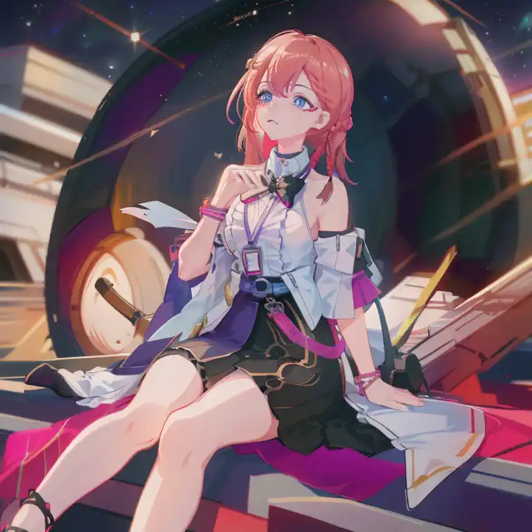 1girll, ova \(honkai: star rail\), detached sleeves, high heels, high waisted skirt, sleeveless shirt, id cards, overskirt, ankl...