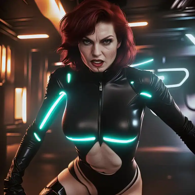 a sassy, obnoxious red-haired dominatrix woman, (sandra bernhard age 25), in a tron-inspired futuristic sci-fi setting, punishin...