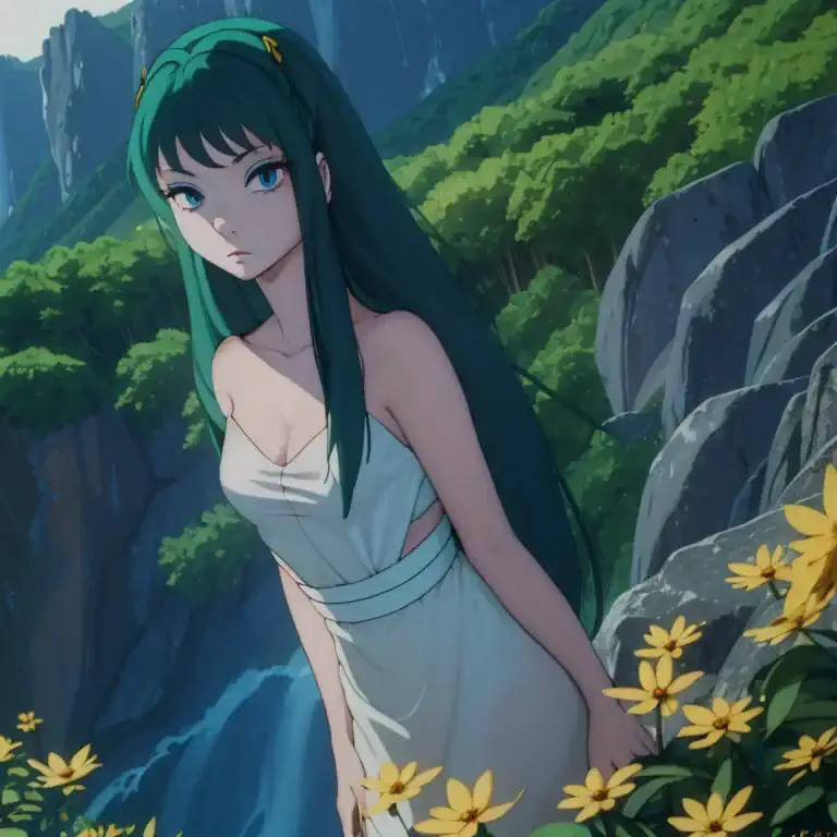 lum, solo, long hair, breasts, blue eyes, eyeshadow, dark green hair, bangs, aqua hair, tsundere, dramatic, bokeh, (dark shot:1....