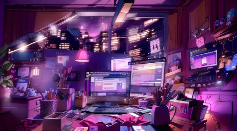 girl is a trader, pink theme, style anime, computer, living room, in the computer screen is chart stock night light , (very deta...