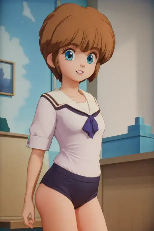 1 girl, with short hair and blue eyes, young looking, wearing underwear, portait photo. 3d cartoon with accurate proportions,