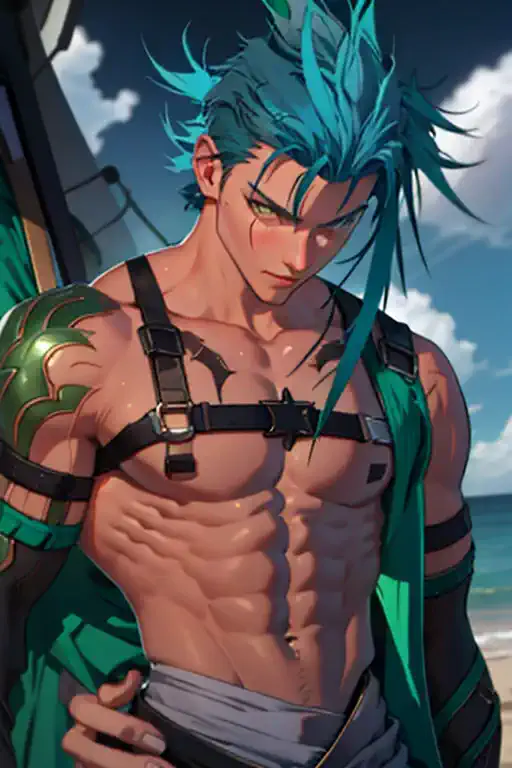 masterpiece　male　kneel　embarrassing　emerald hair　swimwear　blue hair　yellow eyes　suffer　upper body naked　droopy eyes　arrested