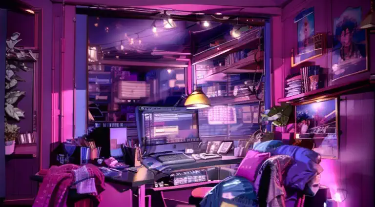 the girl is a trader, pink theme, style anime, computer, living room, in the computer screen is chart stock night light , (very ...