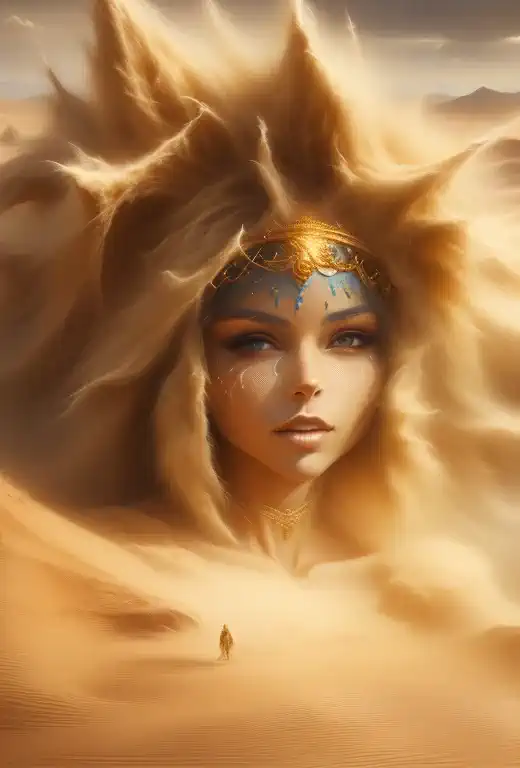 arafed woman with gold paint and a headdress in the desert, karol bak uhd, sand desert fantasy, full of sand and glitter, beauti...