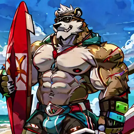 solo, 1boy, huge muscular old grizzly bear wearing sunglasses, pectoral, huge pectoral, wide pectoral, short white hair, black s...