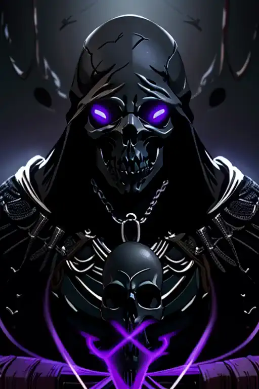 skeleton with purple lights in eye sockets.(realistic illustration:1.3),((dark fantasy:1.4)).((male:1.4)) ((black skull face:1.4...