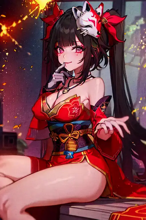 1girl, fire sparks (honkai: starchasm), twin tails, hair accessories, alone, off-shoulder kimono, mask on head, detached sleeves...