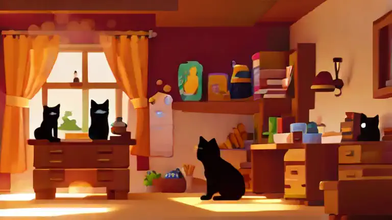 black cat studying at night in his super decorated room with a lamp with almost no lighting(just a little light from the lamp on...