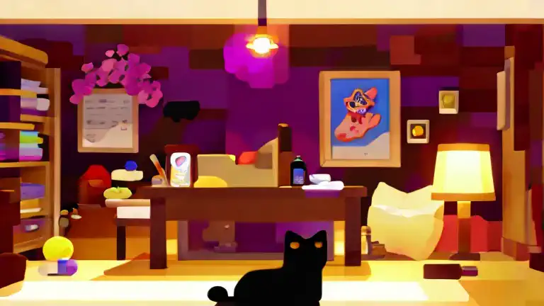 black cat studying at night in his super decorated room with a lamp with almost no lighting(just a little light from the lamp on...