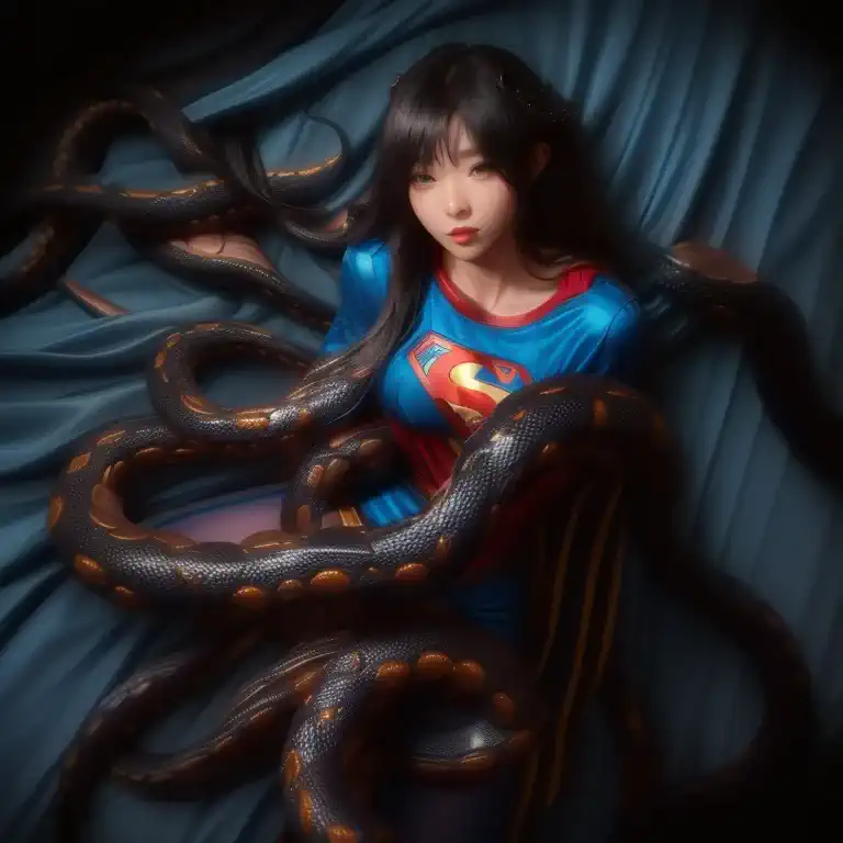 arafed woman in a superman costume laying on a bed with a snake, wrapped in black tentacles, covered with tentacles, tentacles a...