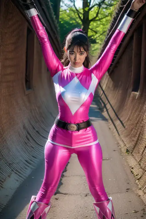 pink theme，pink ranger suit、curvy, big breats,  full body, tied on saint andrew's cross in x position