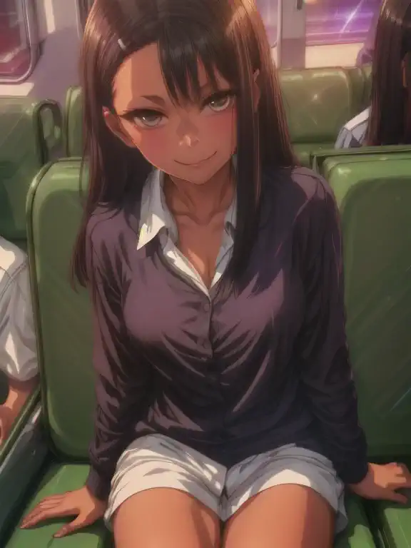 (1) sitting alone on a long seat in a train,sit with your legs apart,panty shot,white panties are visible, , composition from th...