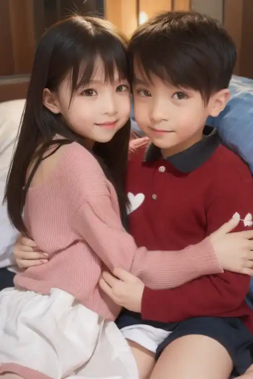 ((male and female images))、((young girl images))　boy and girl in elementary school　have sex in bed　embrace each other