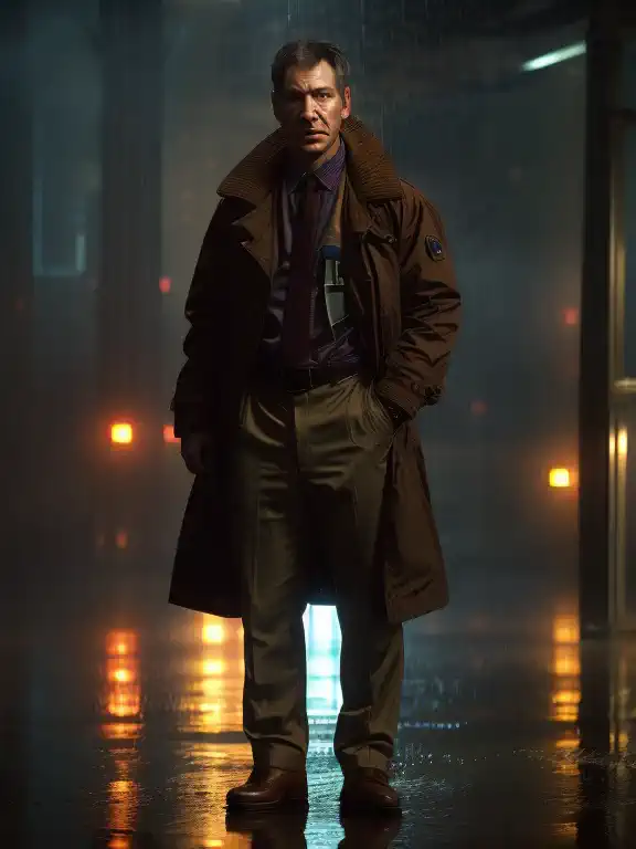 dc, (full body shot:1.2),(rainy:1.2),brown jacket,shirt and tie,cloudy,cyberpunk,volumetric lighting,masterpiece,cinematographic