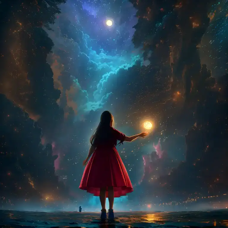 (masterpiece, best quality:1.2), girl reaching for an energy orb among tall trees in fantasy forest full of fireflies