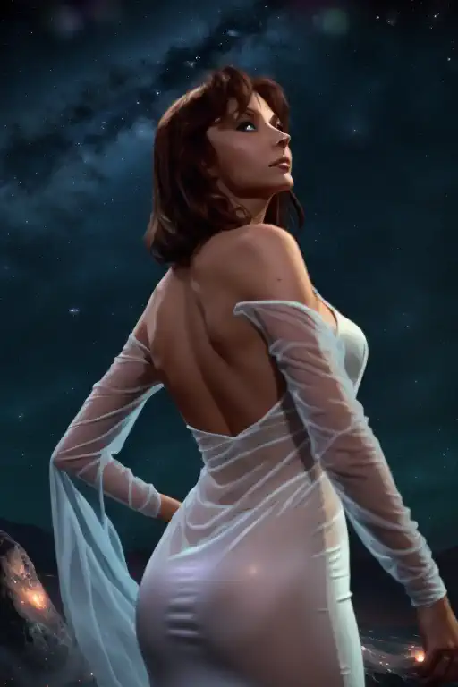 beverly crusher (age 25, airy sheer white elegant gown), camera low looking up at her butt and a starry sky, a few tiny space sh...