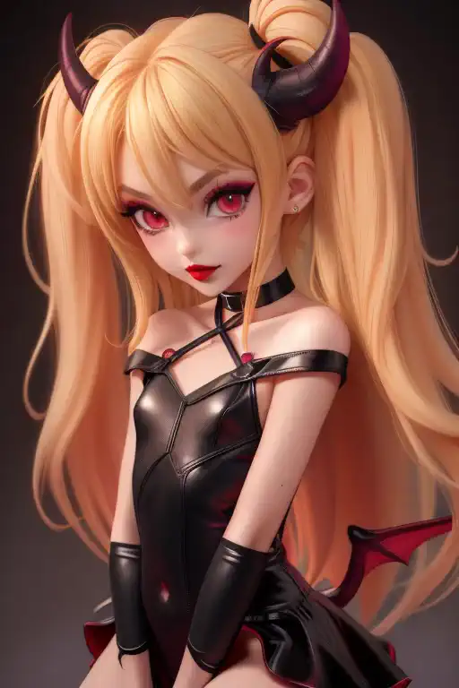 hyperrealistic  demon teen, blonde, perfect tiny body, sexy, dark makeup, small choker, perfect slim face, big red lips, very cu...