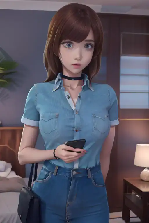 a close up of a woman holding a remote control in a room, portrait of max caulfield, realistic anime 3 d style, anime movie scre...