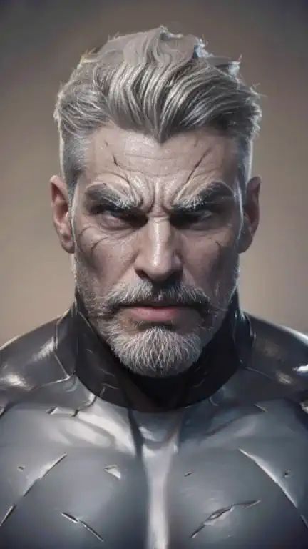 a muscular man, quiff hairstyle, gray hair, gray mustache, gray beard, venom symbiote, large white spider symbol on symbiote, ha...