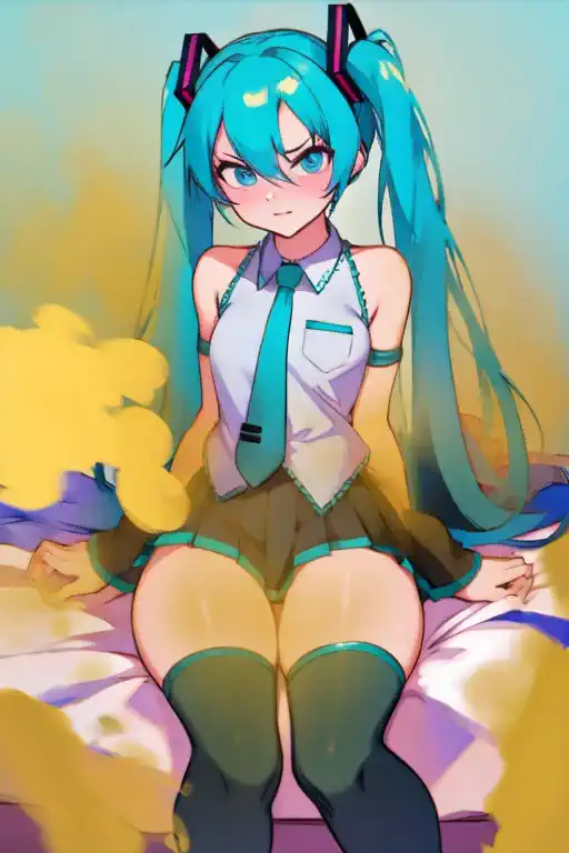 hatsune miku, farting, sitting on bed, angry, cute fart, thigh high socks