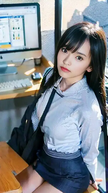 "a determined young japanese woman in her early 20s, wearing a smart casual outfit, standing confidently in a busy office or wor...