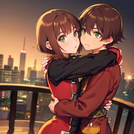 a girl with green eyes, short brown hair , red blouse with long sleeves, googles her hair, affectionately hugging a boy with sho...