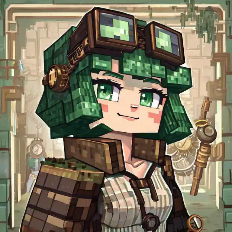 one girl, green hair, steampunk, green eyes, technology, cute face,
minecraft square style, ((big steampunk goggles))
view the v...