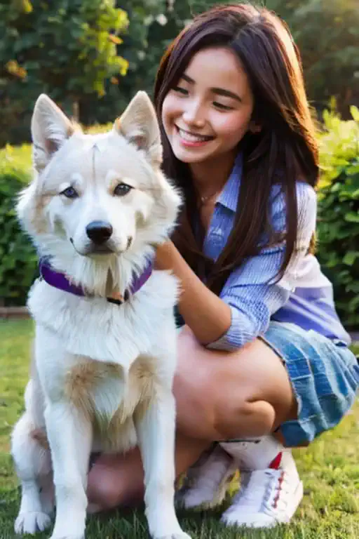 create an image of a young woman with a friendly expression playing with a small dog.。