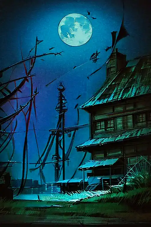 a dark ominous haunted house on a full moon night, ghosts and spirits are surrounding and flying around the place,  it is hallow...