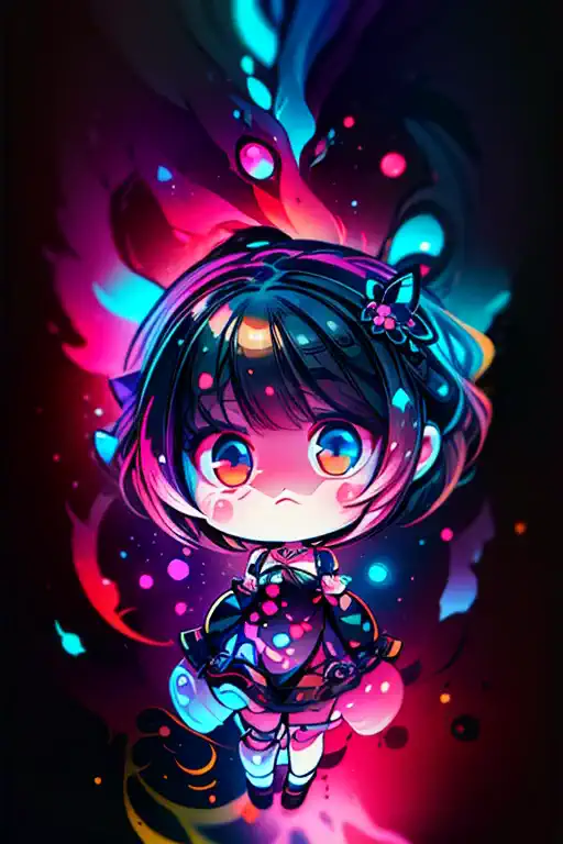 (chibi girl), in bubble surrounded by jelly cats, water droplets, jelly, glowing, (dark background):1.6, bright colors, watercol...