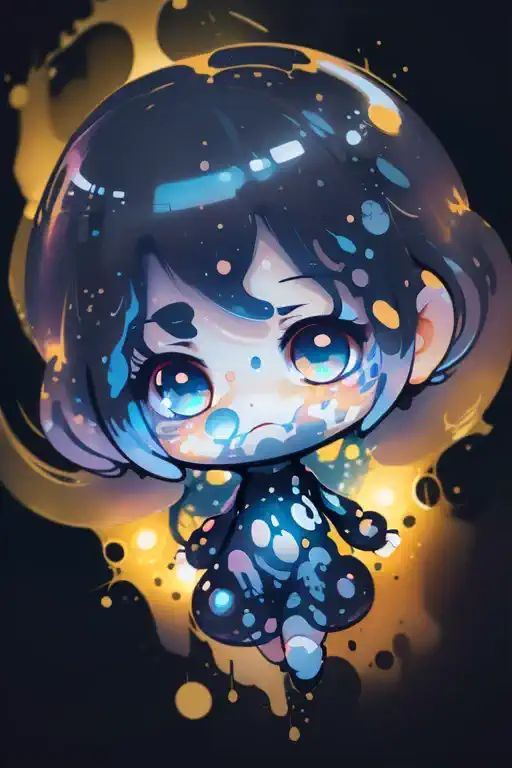 (chibi girl), in bubble surrounded by jelly cats, water droplets, jelly, glowing, (dark background):1.6, bright colors, watercol...