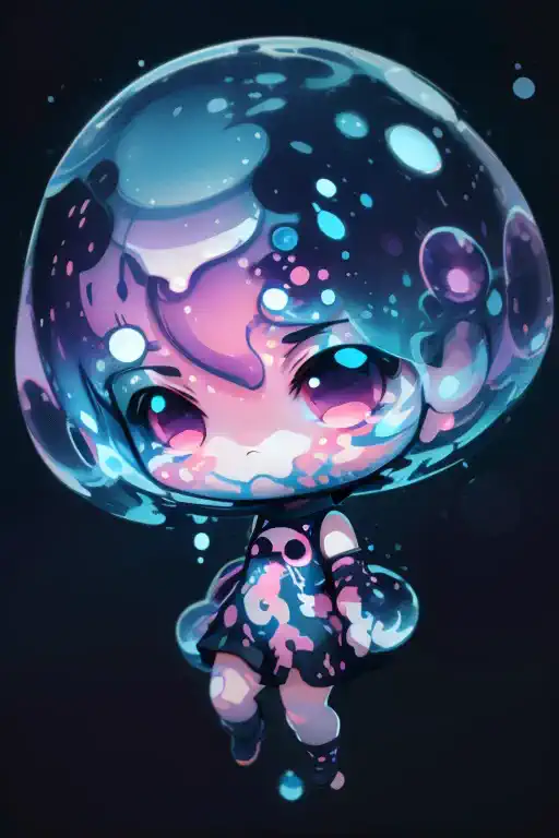 (chibi girl), in bubble surrounded by jelly cats, water droplets, jelly, glowing, (dark background):1.6, bright colors, watercol...