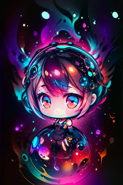 (chibi girl), in bubble surrounded by jelly cats, water droplets, jelly, glowing, (dark background):1.6, bright colors, watercol...