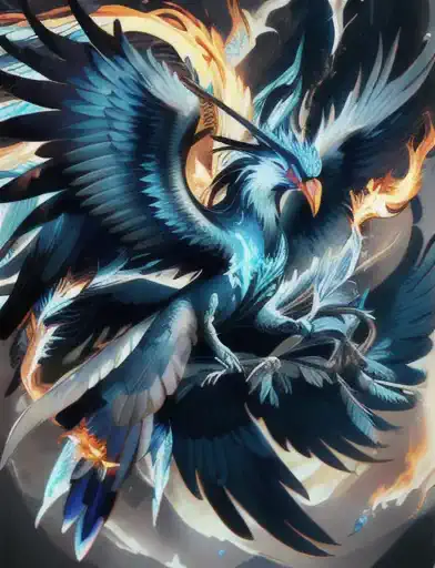 hyper detail masterpiece, dynamic,  great quality, blue ice, phoenix,  mythical mighty birds , engulfed in flames,  vibrant colo...