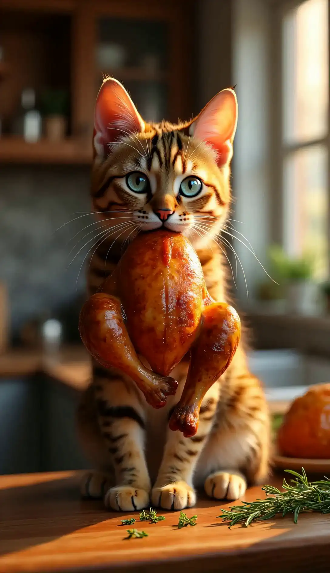 チキンを食べる猫
