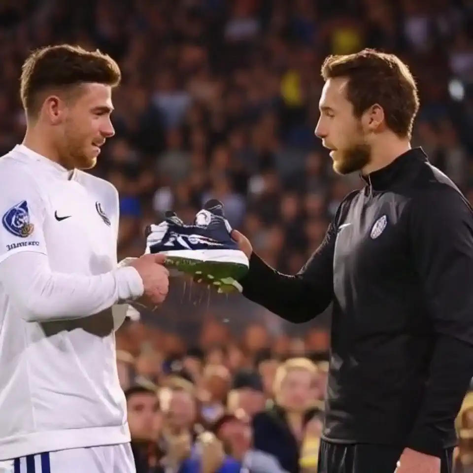 In a vibrant, cinematic scene bathed in golden light, two of the world’s greatest footballers, Lionel Messi and Cristiano Ronaldo, stand face-to-face in an unexpected moment of camaraderie. Messi, with his trademark calm and precision, hands over a sleek pair of custom-designed shoes to Ronaldo, who stands with a look of intrigue and admiration. The energy of this rare exchange radiates, the intensity of their rivalry softened by mutual respect. The shoes shimmer in the spotlight, a symbol of their shared journey of excellence, as the crowd’s silent awe lingers in the background. This moment is more than a transaction; it’s a testament to their unmatched legacy and the bond forged through the beautiful game.

